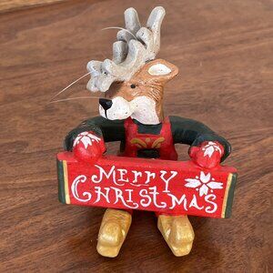 Rare House of Hatten Ornament Reindeer Holding Merry Christmas Sign 1996 Vintage